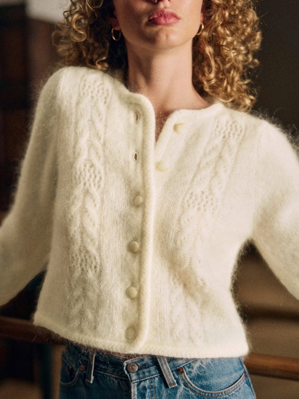 Sezane Cream Cable-Detail Button Cardigan